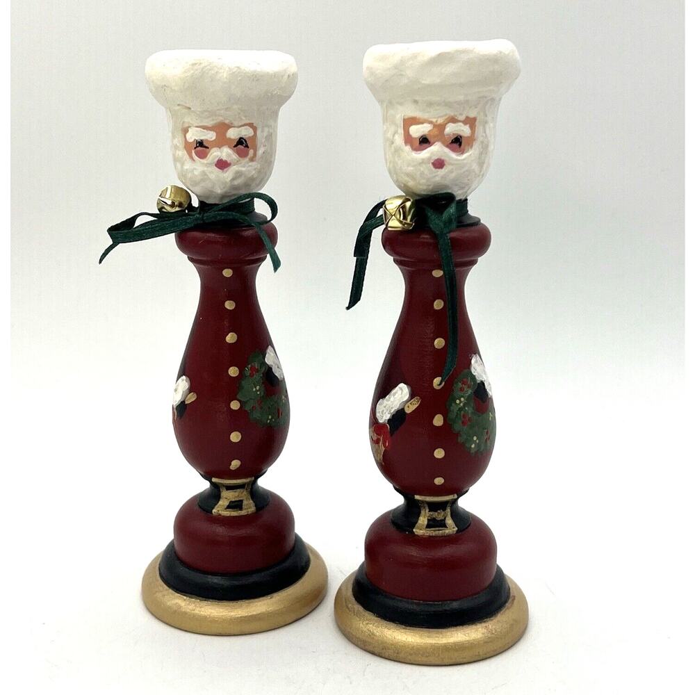 Set 2 Hand Painted Folk Art Wood Candlestick Santa Father Christmas Signed